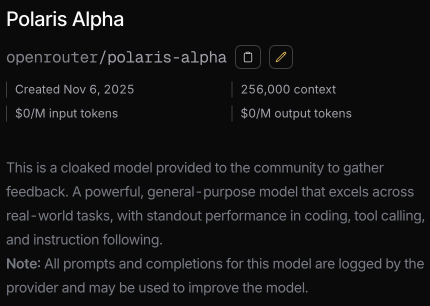 PriyaonAI's tweet photo. OpenRouterAI is unleashing new AI model power! 🤯 Introducing 'Polaris Alpha', a powerful, general-purpose model that excels in coding, tool calling, and instruction following. A total game-changer for developers and AI builders! 🚀🔥✨ https://t.co/TBgamw8luQ