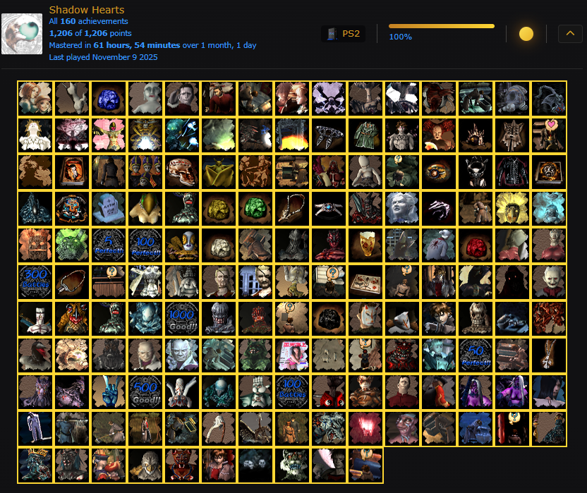 IT IS DONE! Just got 100% in Shadow Hearts on RetroAchievements! My 1st time playing it. What's next!? 😬