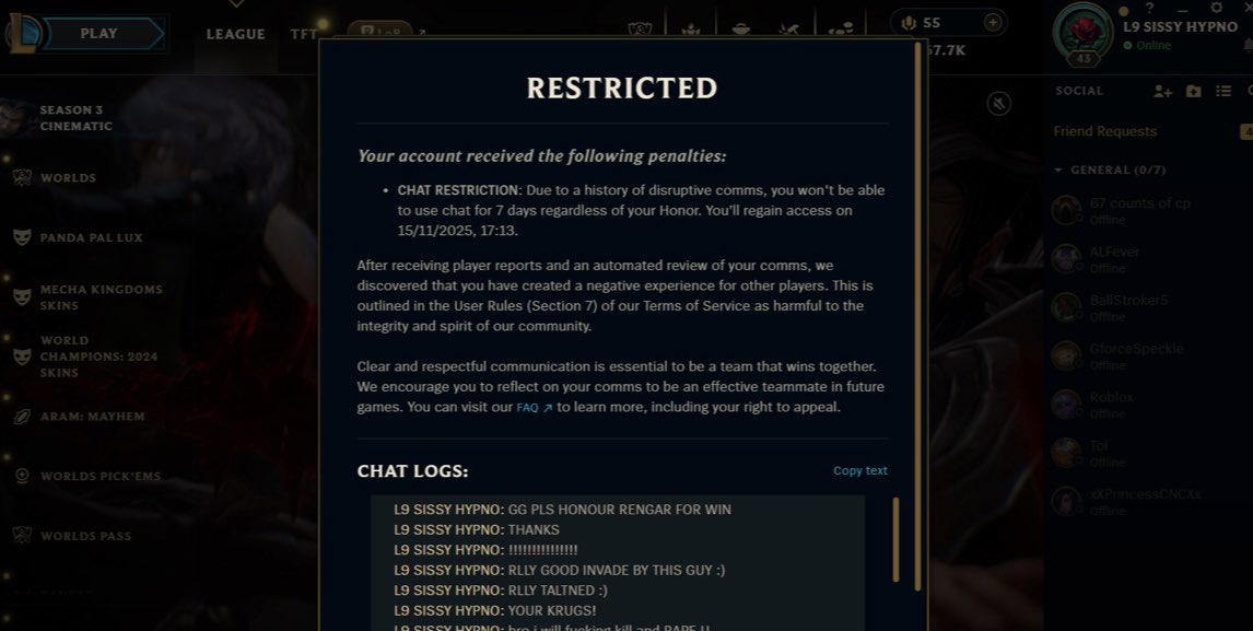 They restrict you for being nice to your jg in szn 15