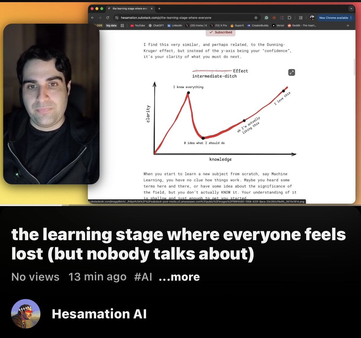 Hesamation's tweet photo. i finally did it.

just uploaded my first video on youtube about the most common DM i get:  “what should i learn next?”

0 views, 0 subscribers. 

i’ll be talking more about ai projects and share ml resources and roadmaps. let’s see how this arc turns out. 

watch here: https://t.co/klrBwerkO9