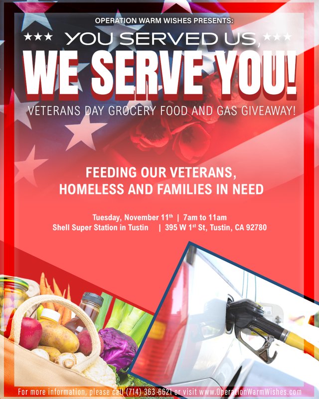 tyronjackson's tweet image. Operation Warm Wishes is honored to present: You Served Us, We Serve You! 

Veterans Day Grocery/Food and Gas Giveaway! Supporting our Veterans, the Homeless, and Families in Need.
Come and join us on Veterans Day, Tuesday, November 11, 2025, at the Shell Super Station located at…