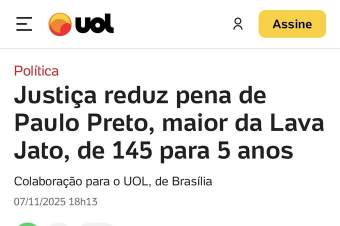 Screenshot of a UOL news article webpage with orange circular logo in top left, subscribe button, red Política label, headline stating Justiça reduz pena de Paulo Preto maior da Lava Jato de 145 para 5 anos, byline Colaboração para o UOL de Brasília, timestamp 25/01/25 18h13, and Paulo Preto mentioned in text.