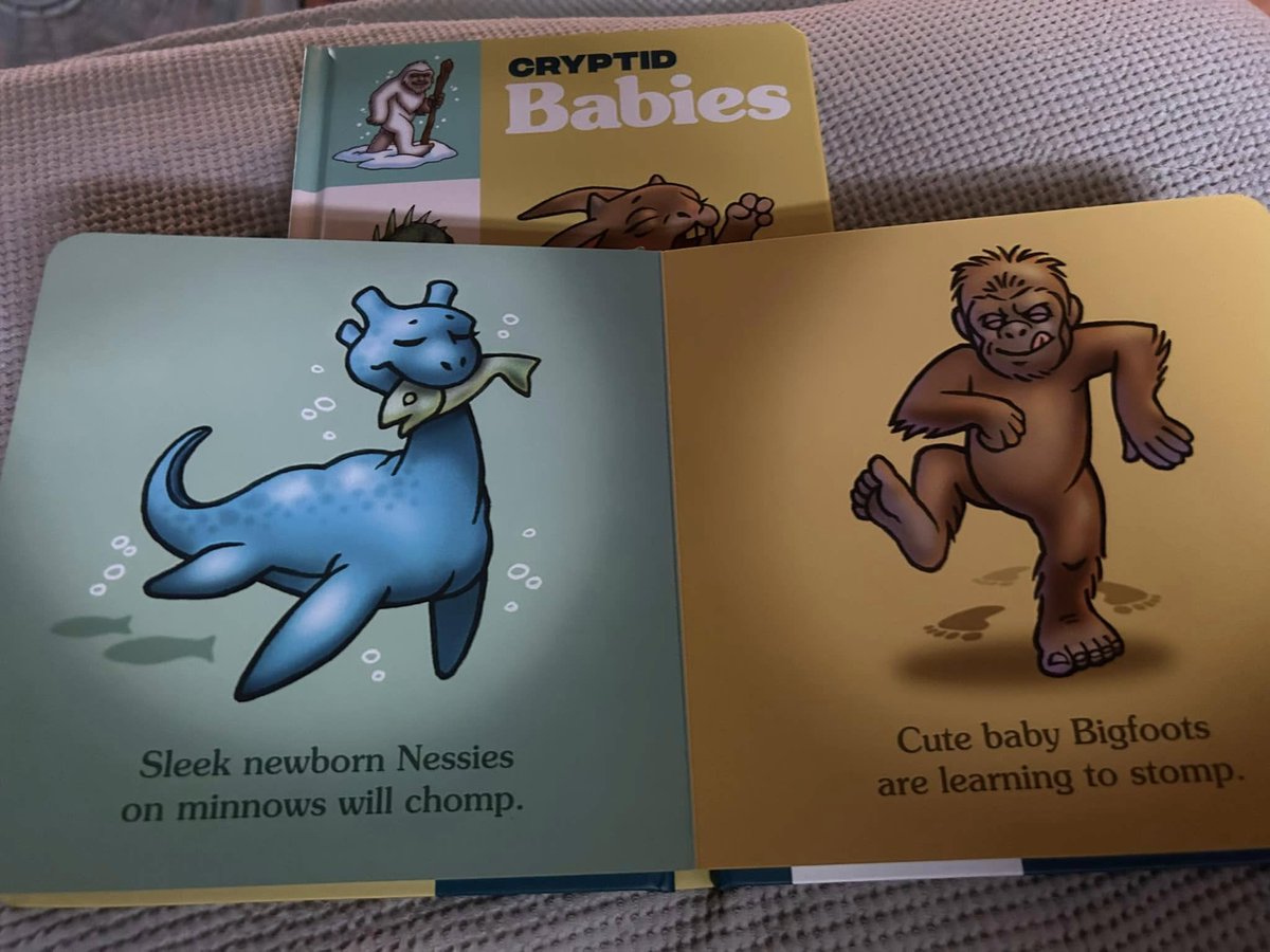 You already know CRYPTID BABIES is officially for sale, but I thought you might like to see a sample spread from inside.  How about Nessie and Bigfoot as babies?