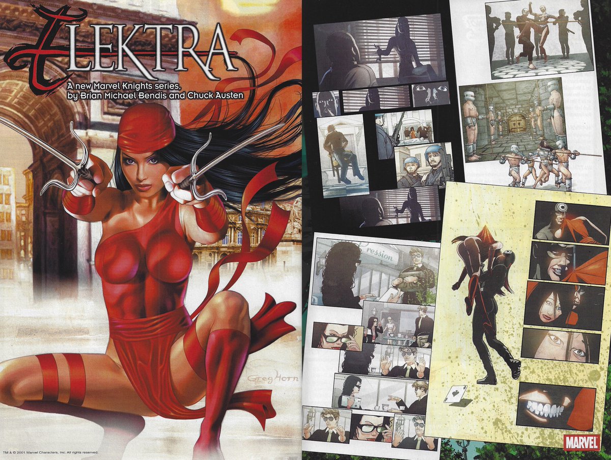 Check out the 2-page art preview from Wizard 118 of the new Elektra series from #marvelcomics by Brian Michael Bendis and Chuck Austen, with covers by Greg Horn.