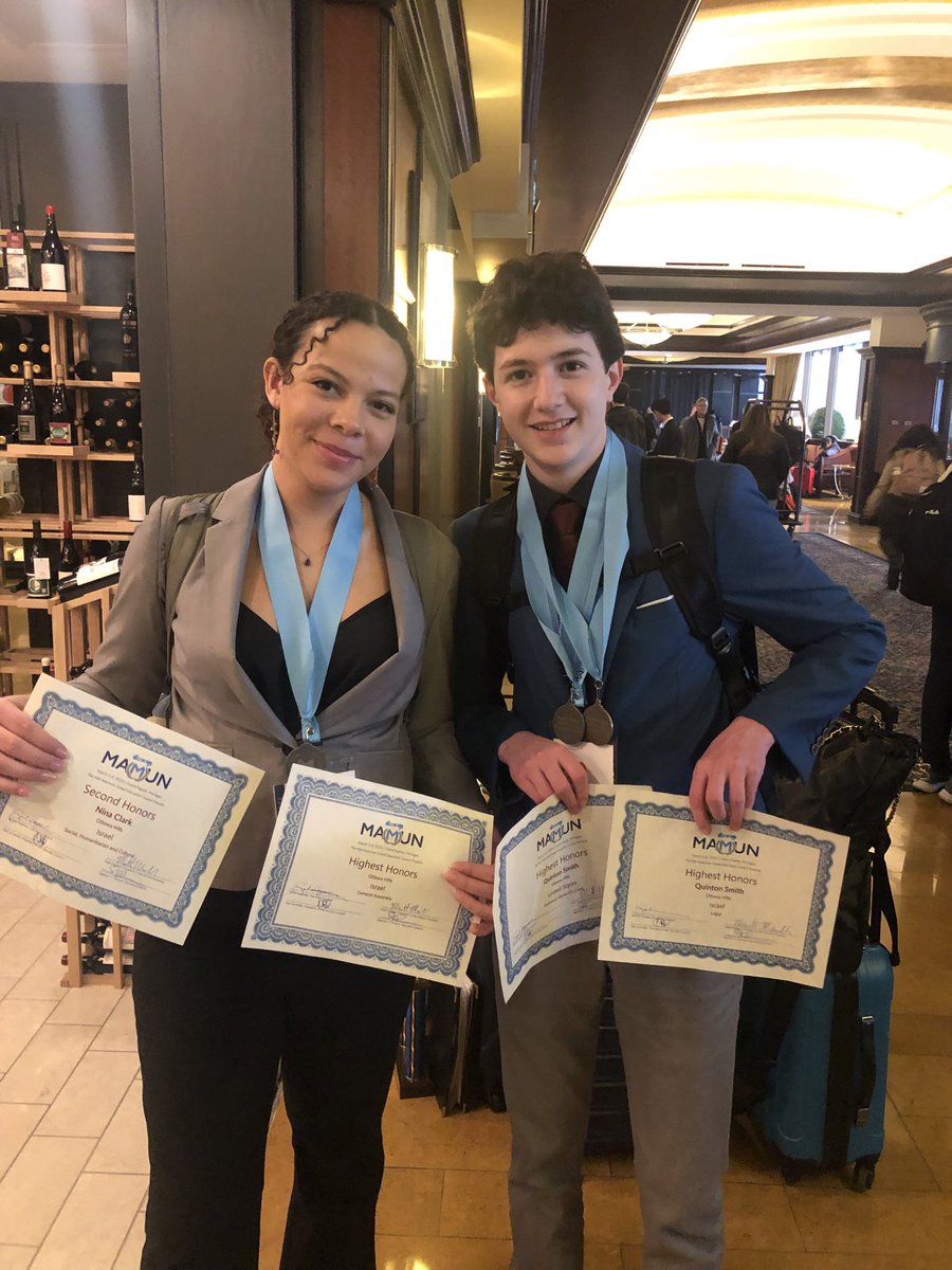 OHModelUNClub's tweet photo. Several OH students received top honors for their performances: Nina Clark – Second Honors in the Social, Humanitarian &amp; Cultural Committee’ Quinton Smith – Highest Honors in the Legal Committee, Quinton Smith – Highest Honors in the Secretary General’s Honors Crisis Simulation https://t.co/8s852Itipe