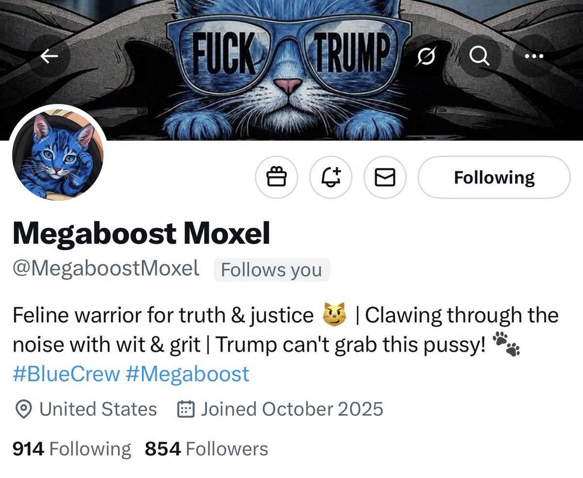MEGABOOST 6
Can we get this anti-Trump cat to 1000? 
<a href="/MegaboostMoxel/">Megaboost Moxel</a> wil follow you back!
