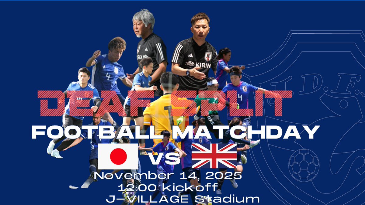 JDFA_official's tweet photo. 【デフリンピック全試合ライブ配信決定！】

現在開催中のクラウドファンディングが、100％達成いたしました！
ご支援いただきました皆様、誠にありがとうございました！
この結果をもちまして当協会Youtubeで、デフリンピック全試合（日本戦以外も全て）ライブ配信いたします！
※クラウドファンディングは終了まで継続されますので、引き続きご支援いただけたら幸いです。

≪日本ろう者サッカー協会公式YouTube≫
https://t.co/yrMMpqpRit
チャンネル登録よろしくお願いいたします！

Can't make it to the venue? You can still watch the action via our live video stream on YouTube!
Let's all support the Deaflympics football together!

《クラウドファンディング》
https://t.co/yd9AoZ4DRG
引き続きご支援よろしくお願いいたします！

《東京2025デフリンピック》
https://t.co/QKNt24CbZe
※試合日程が変更されました。

・男子日本代表 試合日程
https://t.co/rJTR8V24fJ
11月14日（金）12:00KO vsイギリス（スタジアム）
11月16日（日）16:30KO vsイタリア（スタジアム）
11月18日（火）16:30KO vsメキシコ（ピッチ3）
※予選通過した場合
11月20日（木）準々決勝（スタジアム、ピッチ1~3）
11月22日（土）準決勝（スタジアム、ピッチ2）
11月25日（火）17:30KO 決勝（スタジアム）

・女子日本代表 試合日程
https://t.co/qWomMpCWXP
11月15日（土）12:00KO vsアメリカ（スタジアム）
11月17日（月）12:00KO vsイギリス（スタジアム）
11月21日（金）12:00KO vsオーストラリア（スタジアム）
※予選通過した場合
11月25日（火）12:00KO 決勝（スタジアム）

Everyone is welcome to visit and watch the Games at the Tokyo 2025 Deaflympics! Free entrance.
Noregistration is required.

≪デフリンピック大会公式YouTube≫
https://t.co/IywITvBEsG
※スタジアムの試合のみライブ配信予定です。

≪日本ろう者サッカー協会公式Youtube≫
https://t.co/yrMMpqpRit

《観戦ガイド》
https://t.co/4c1JPuNoaM

《デフサッカー日本代表プロモーションムービー》
https://t.co/wx1RmaE6XC

#デフリンピック
#日本代表
#デフサッカー
#deaflympics 
#deaffootball
#deafsoccer