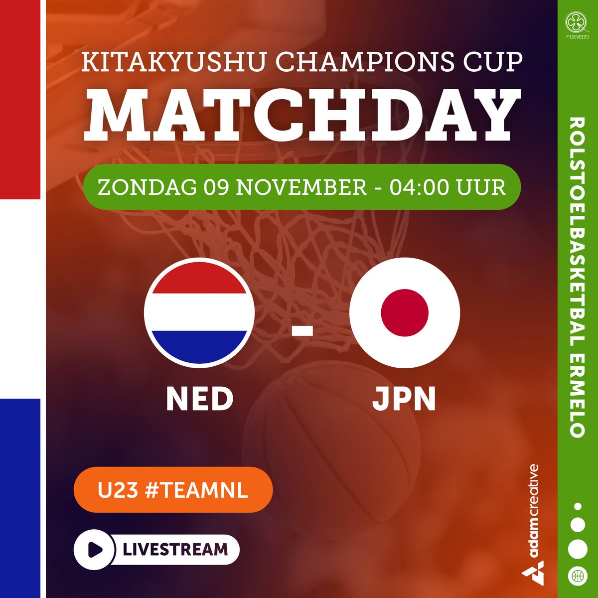 #MATCHDAY Vannacht om 04:00 uur speelt #TeamNL de finale tegen Japan. #rolstoelbasketbal #Kitakyushu #KitakyushuChampionsCup