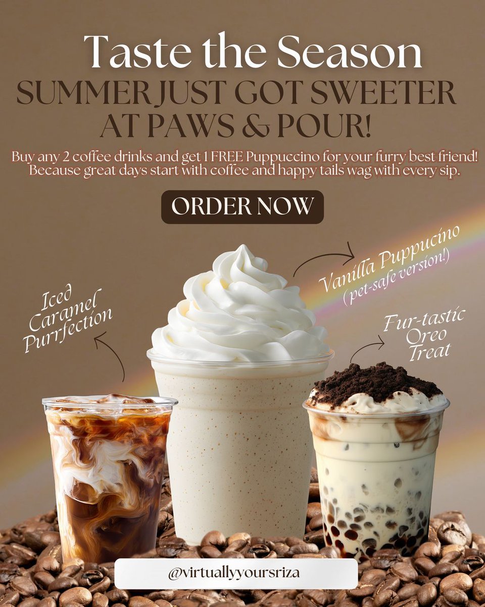 YourVARiza's tweet photo. This is one of my sample promo designs  created to show how I help brands like Paws &amp; Pour attract customers with eye-catching visuals, strong social media content, and creative marketing designs. Want this kind of fun, engaging promo for your business? DM me or contact me today! https://t.co/4ebRIuC5pE