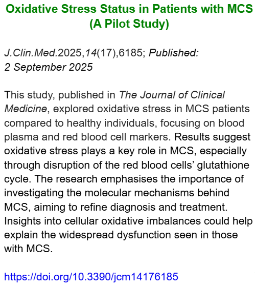 TomKindlon's tweet image. Redox Status in Patients Suffering from Multiple Chemical Sensitivity (MCS): A Pilot Study

mdpi.com/2077-0383/14/1…

Image is screenshot from MCS-Aware November 2025 Newsletter

#MCS #MultipleChemicalSensitivity