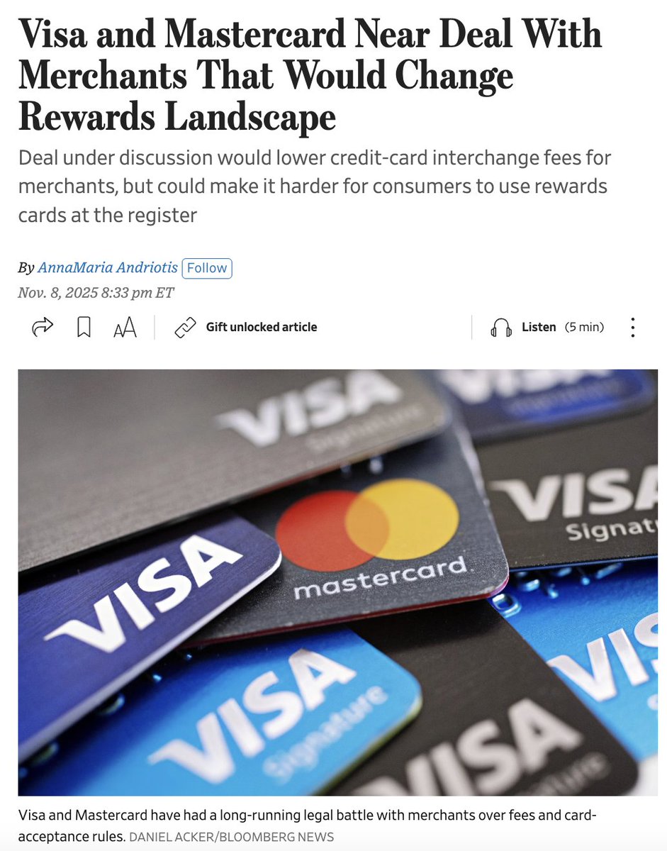 Interesting settlement, your rewards card could be dying a slow death.

Right now, Visa and Mastercard require merchants to "honor all cards," even though some cards cost merchants a lot more to process. The spread can be huge - from &lt;0.5% to 3%+ and the merchants have no control
