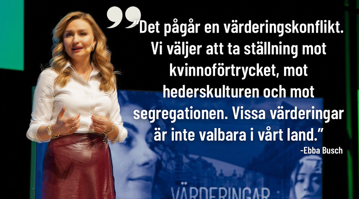 BuschEbba's tweet photo. Det pågår en värderingskonflikt. Vi väljer att ta ställning mot kvinnoförtrycket, mot hederskulturen och mot segregationen. Att förbjuda burka och niqab är ett stresstest. Det är en tydlig signal att burka och allt som kommer med den inte hör hemma här. Vi tar ställning för de goda värderingar som ska prägla Sverige. Vissa värderingar är inte valbara i vårt land.