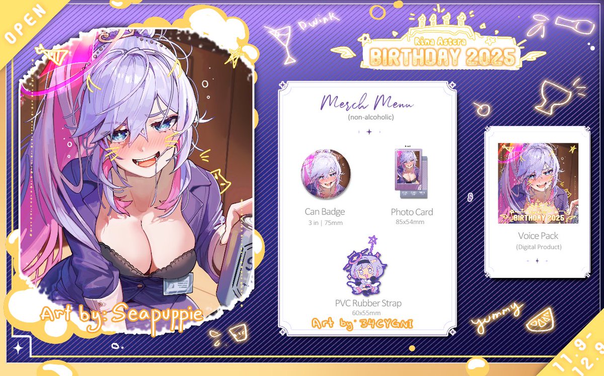 ✧┦ BIRTHDAY GOODS REVEAL┞✧

Have you seen my limited birthday goods menu yet?

Let's order the whole bar! Consider sponsoring a drink for the birthday girl and celebrate my first indie merch drop with me

🌟PREORDER AVAILABLE 11.09 ~ 12.08🌟
↳ link below!
