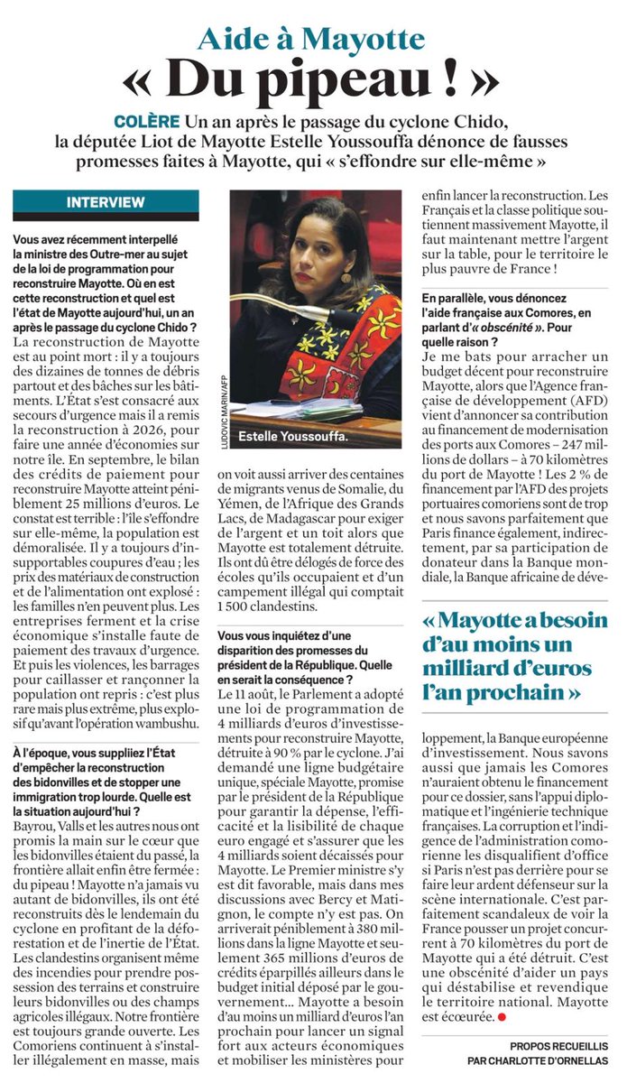 Interview dans <a href="/leJDD/">Le JDD</a> pour alerter pour #Mayotte, négligée du Budget: il faut €1 milliard dès 2026 pour la #Reconstruction. Alors que le Canal du Mozambique s'embrase (instabilité à Madagascar, Tanzanie, Mozambique) la #France doit protéger, s'ancrer plus encore à #Mayotte  🇾🇹🇫🇷
