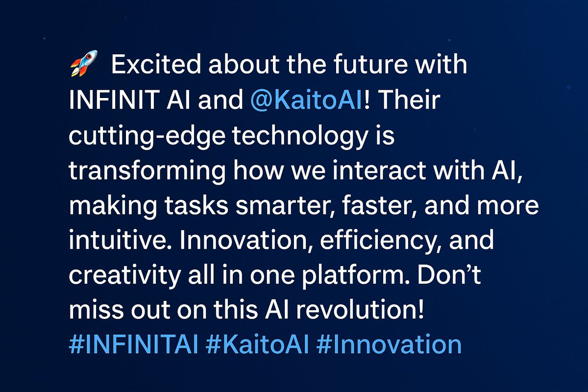Hasan_NFTOX's tweet photo. 🚀 Ready for the future! INFINIT AI and #KaitoAI are working together to make AI technology smarter, faster and more innovative. Your work will be easier, creativity will increase and opportunities will open up. Be part of this AI revolution now. #Innovation #FutureAI #INFINITAI https://t.co/KWE98TTegz