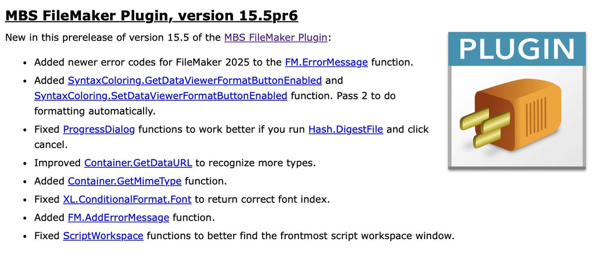MBSPlugins's tweet image. MBS #FileMaker Plugin, version 15.5pr6

Added newer error codes for FileMaker 2025 to the FM.ErrorMessage function.
Added SyntaxColoring.SetDataViewerFormatButtonEnabled . Pass 2 to do formatting automatically.
Added Container.GetMimeType function.

mbsplugins.de/archive/2025-1…
