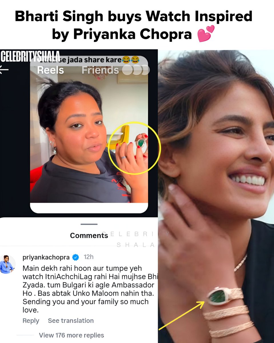 CelebrityShala's tweet photo. Priyanka Chopra's charming response to Bharti Singh flaunting her Bvlgari watch receives accolades: 'You're the upcoming brand ambassador'❤️ https://t.co/r5v2myw2PZ