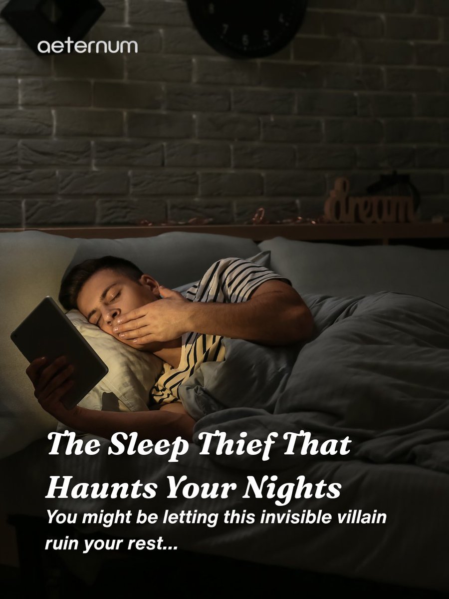 aeternumcompany's tweet image. 😴 The Sleep Thief: Blue light blocks melatonin, ruins deep sleep, and speeds up aging. 🌙 Turn off screens before bed to protect your sleep &amp;amp; longevity. 💡 Follow us &amp;amp; visit our site! #BiohackingHealth