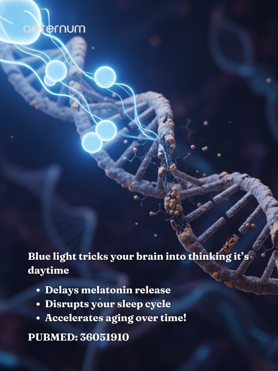 aeternumcompany's tweet image. 😴 The Sleep Thief: Blue light blocks melatonin, ruins deep sleep, and speeds up aging. 🌙 Turn off screens before bed to protect your sleep &amp;amp; longevity. 💡 Follow us &amp;amp; visit our site! #BiohackingHealth