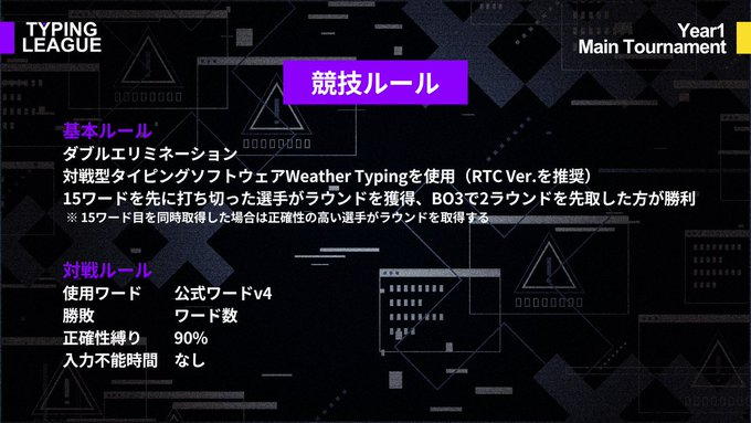 TYPINGLEAGUE's tweet photo. 『TYPINGLEAGUE Main Tournament』を本日19時より開催��ます！
 Year1の本戦大会となります！

◇大会配信
https://t.co/Nyf5abHevQ

◇大会HP
 https://t.co/EfKIpYGAai https://t.co/Sh2VXGjdne