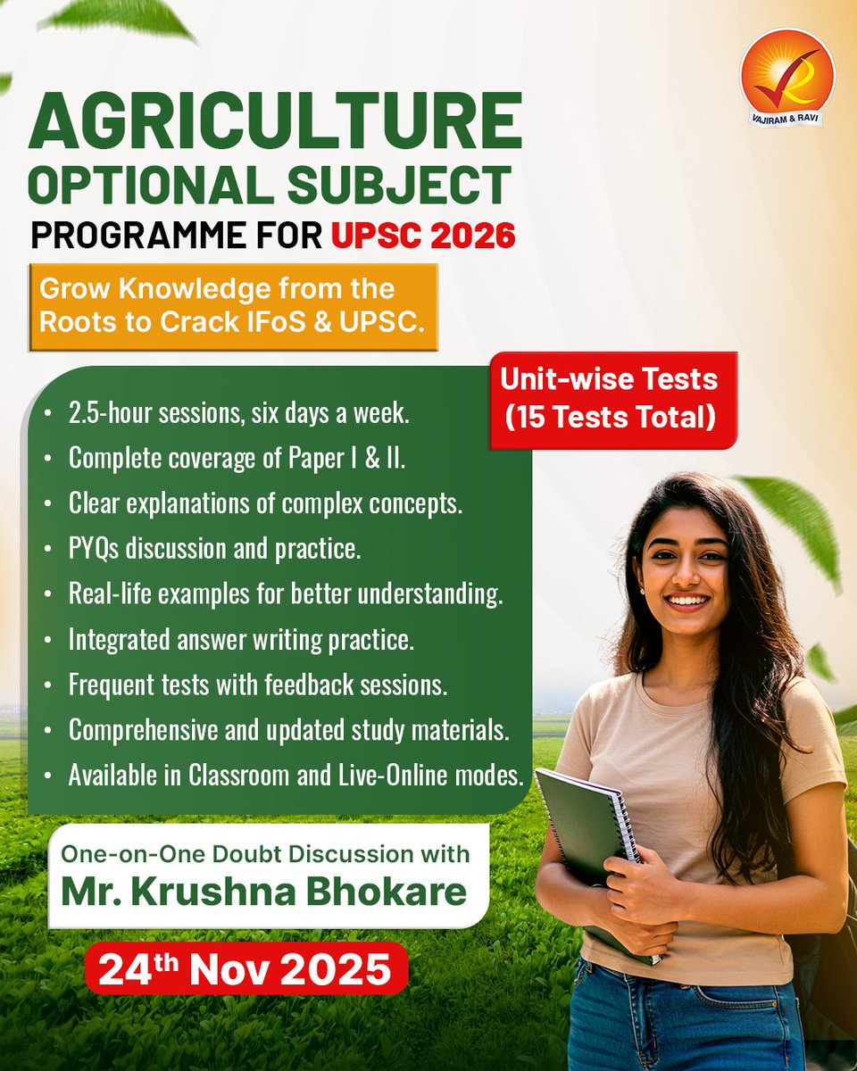 VajiramRavi's tweet image. 🌾 Crack IFoS &amp;amp; UPSC CSE with Confidence!

For Enquiries: docs.google.com/forms/d/18nnU7…

#AgricultureOptional #UPSC2026 #IFoS #VajiramAndRavi #UPSCOptionalSubjects #IASPreparation #CivilServicesExam #UPSCClasses #UPSCMentorship #KrushnaBhokare #UPSCStrategy #OptionalWithVajiram
