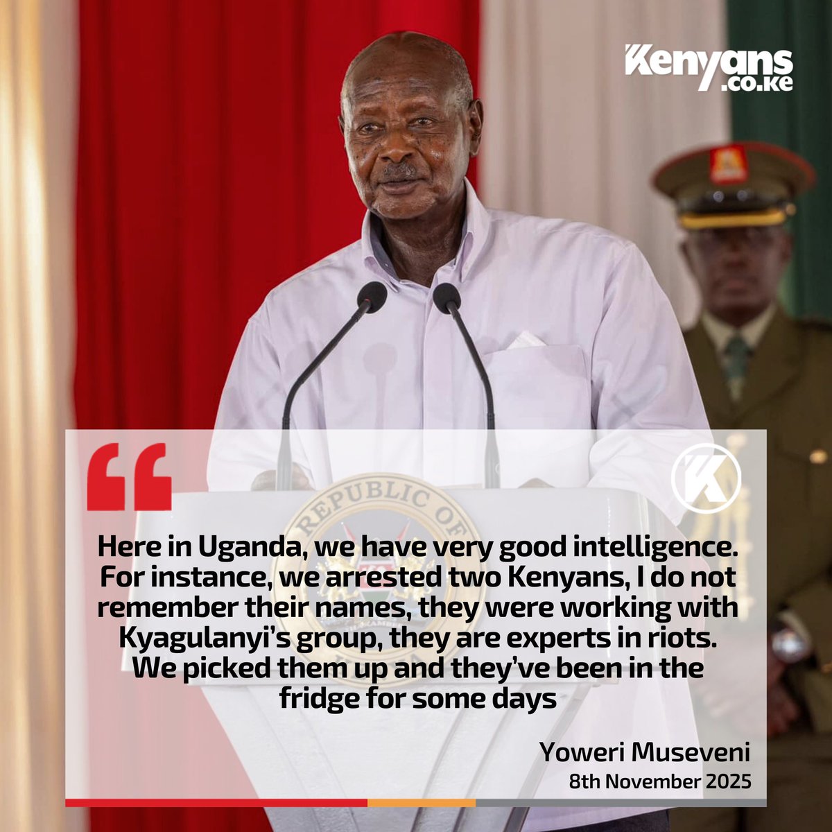 Kenyans's tweet image. We arrested two Kenyans, and they’ve been in the fridge for some days - President Museveni