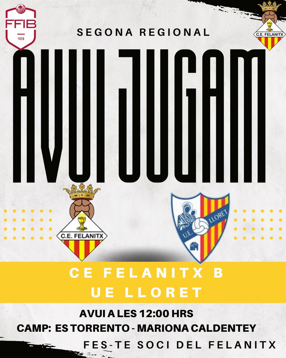 cefelanitx's tweet image. 𝗔𝗩𝗨𝗜 𝗝𝗨𝗚𝗔𝗠 

👉 Jornada 8 - Segona Regional 

🆚 UE Lloret  ⏰ 12:00 

🏟️ Es Torrentó - Mariona Caldentey

💥 Lluitarem per continuar a la zona alta 

🤍 Vos esperam a tots! 

#vamosfela #orgullfelanitxer