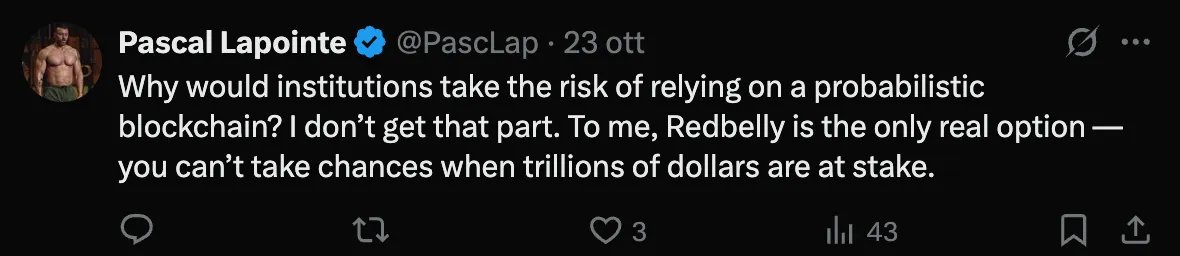 RedbellyNetwork's tweet image. @PascLap, you’re right ✅

Probabilistic chains are built on probabilities, where a transaction is only "final... enough."  

When trillions of dollars are at stake, "enough" is a gamble…not a strategy.  

Finance doesn't run on chances. It runs on certainty.

Redbelly delivers