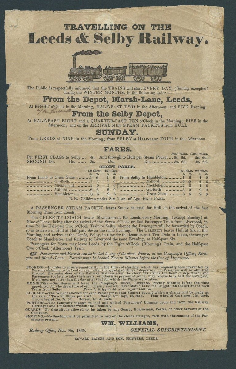 190 years ago today, the Leeds and Selby Railway publish their first passenger timebill. Courtesy and copyright railarchive.org.uk