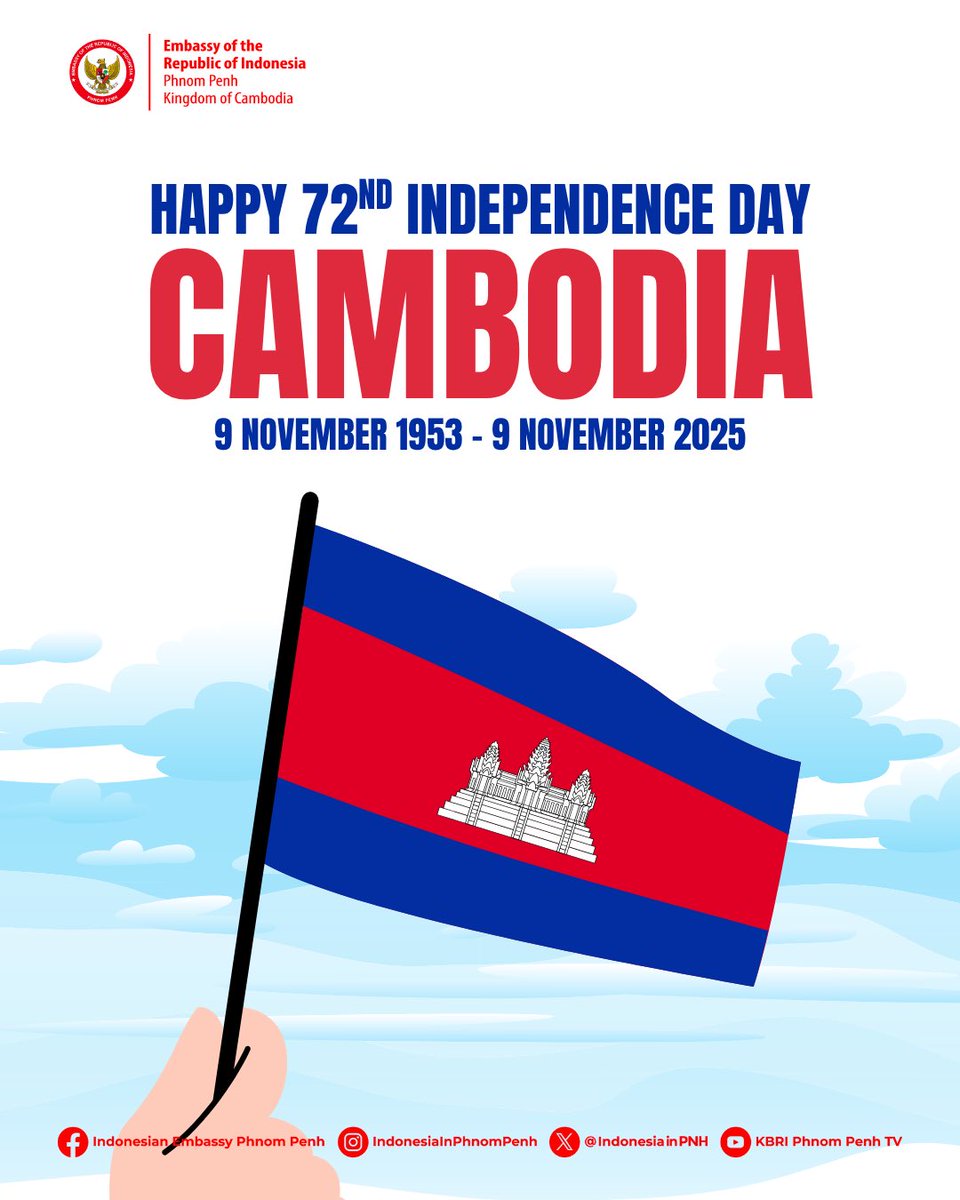 IndonesiainPNH's tweet image. Today, we honor 72 years of Cambodia’s independence — a legacy of resilience, pride, and unity. #HappyIndependenceDay to all our Cambodian friends!  

#IniDiplomasi #Cambodia #IndonesiauntukDunia #KemluRI #RintisKemajuan #Merdeka