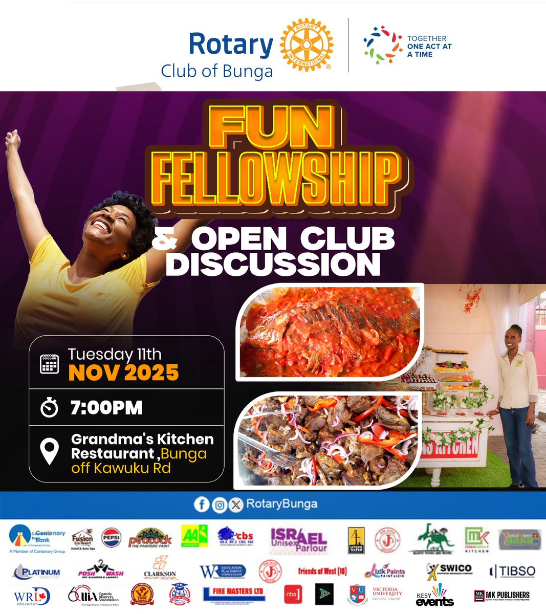 RotaryBunga's tweet image. Don’t Bounce, Friends!

This Tuesday, 11th Nov 2025, the vibe is at Grandma’s Kitchen Restaurant, Bunga off Kawuku Rd — not Sir Jose Hotel!
Join the Rotary Club of Bunga for a Fun Fellowship &amp;amp; Open Club Discussion at 7:00pm.
#JoinUs #RotaryBunga