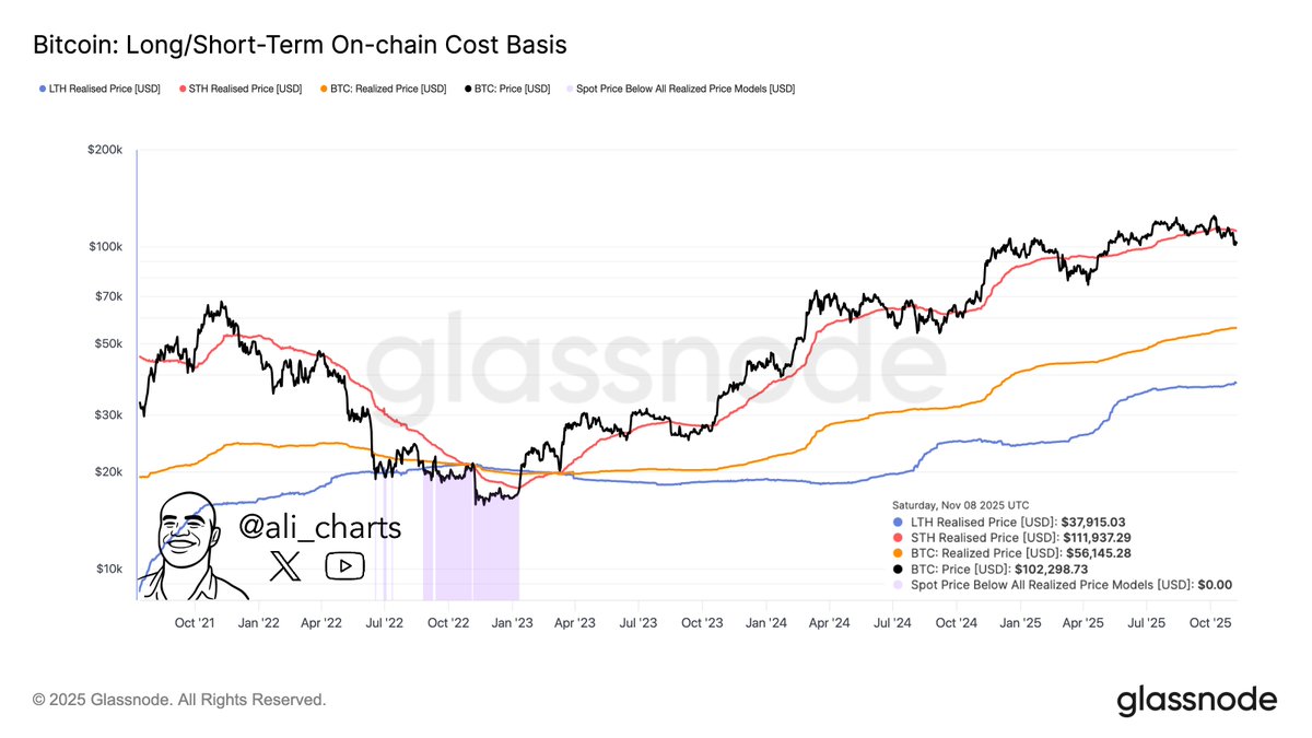 The longer Bitcoin $BTC stays below the STH Realized Price ($111,937), the  higher the probability of a move toward the Realized Price ($56,145) or  even the LTH Realized Price ($37,815).