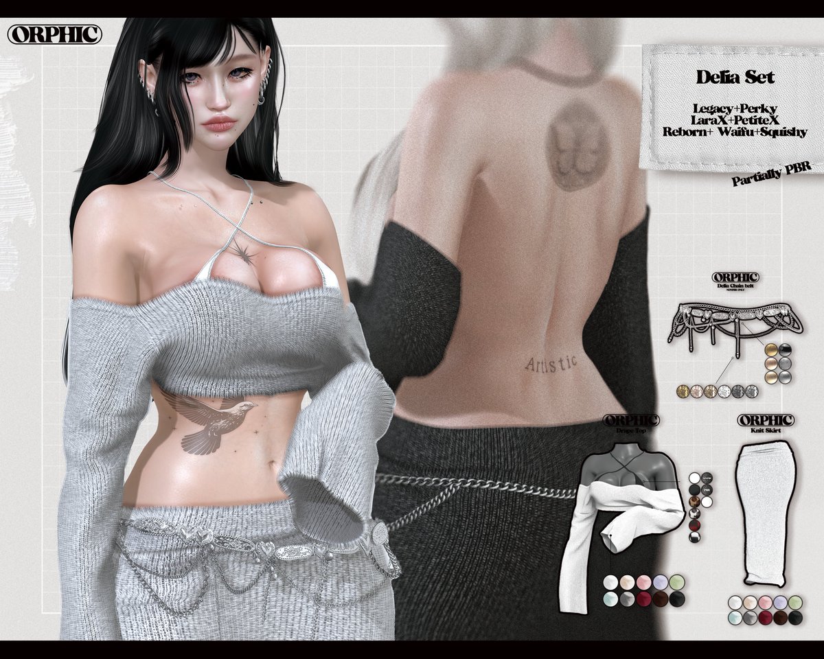 fluffyanya's tweet image. Cosmopolitan x Orphic - Delia Set
9th November Open &amp;lt;3
maps.secondlife.com/secondlife/No%…

✦ Includes : Delia Drape Top + Knit Skirt / Delia Chain belt - 2versions (Waist, On the Skirt) included.
✦ Compatible with LaraX+PetiteX, Legacy+Perky, Reborn+Waifu+Squishy