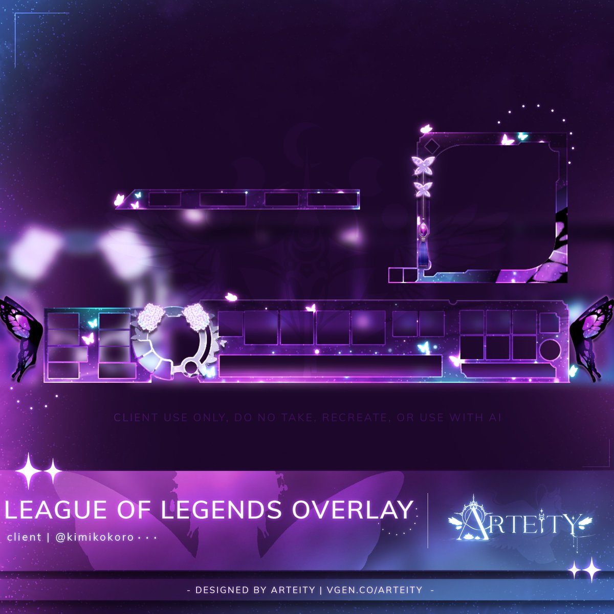 arteity's tweet image. 【 ✧.* VGen Request *.✧ 】
—➤ League of Legends Overlay for the lovely @Kimikokoro ~! Thank you so much for your request! 🪻🦋

♡ + ↻ are appreciated!~╰(⸝⸝⸝´꒳`⸝⸝⸝)╯     
#VTuberAssets ✦ #VGenComm  ✦ #arteitydesign