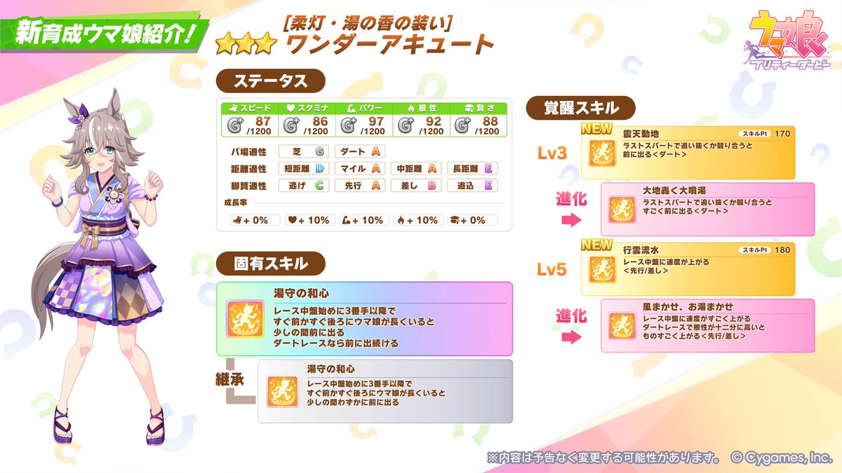 umamusume_GW's tweet image. 【最新ガチャ更新情報】
11/10(月)より、新ウマ娘.新サポPUガチャの開催が決定！

■新ウマ娘
ワンダーアキュート(新衣装)
■新サポートカード
SSRミホノブルボン
SRホッコータルマエ

※開催中の新シナリオガチャは19日まで並行開催
#ウマ娘