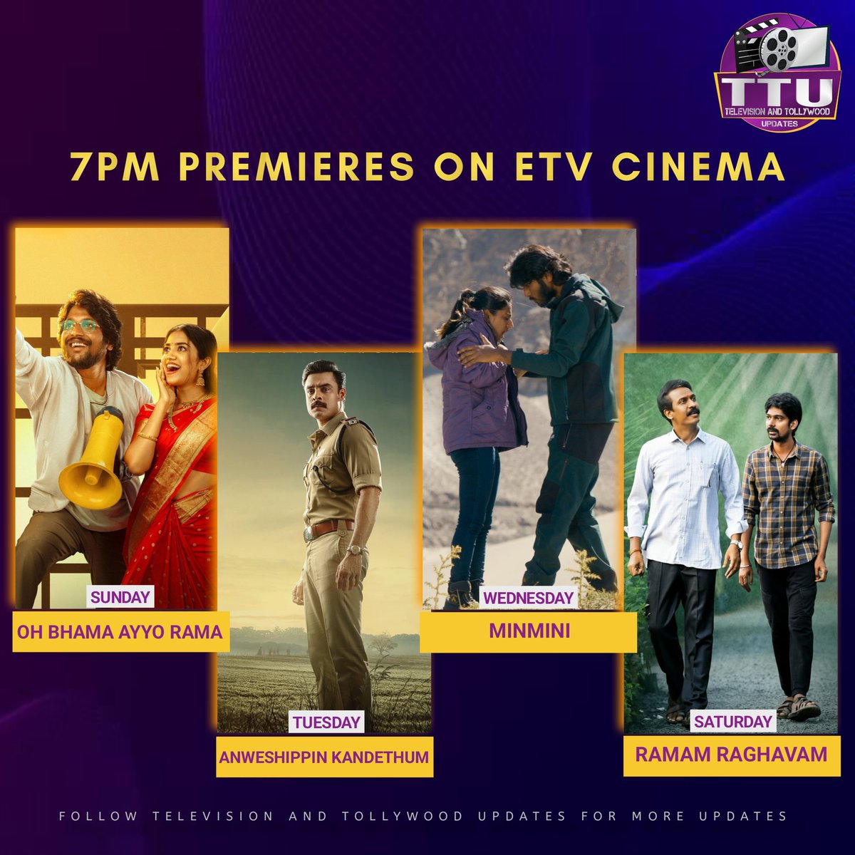 TTUpdates360's tweet photo. 10th Anniversary Special Premieres at 07:00PM on #EtvCinema
#OhBhamaAyyoRama #AnweshippinKandethum #Minmini #RamamRaghavam #Suhas #TovinoThamas #GauravKaalai #Dhanraj #Samudhrakani https://t.co/zqq36FDztU