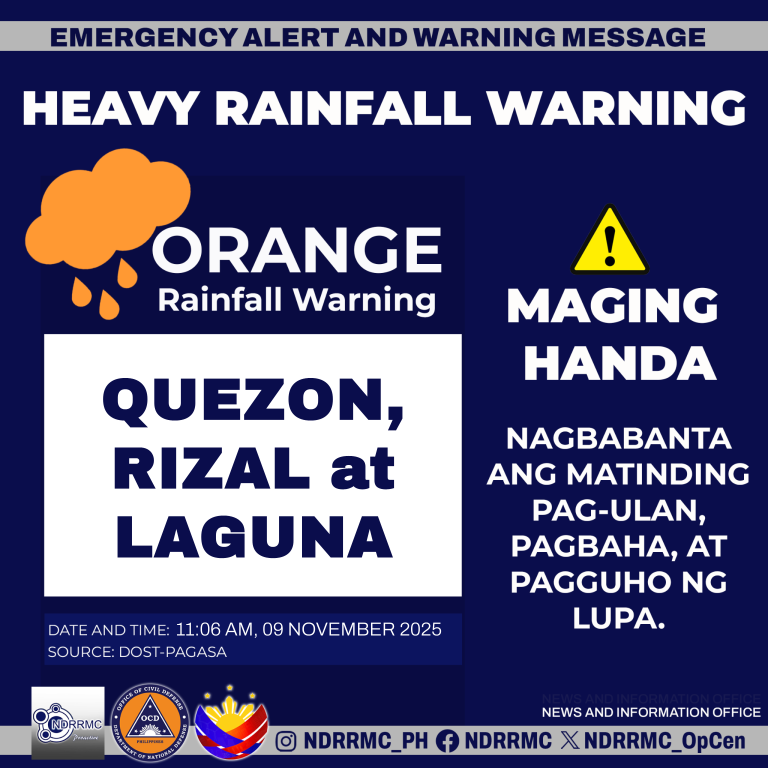 NDRRMC_OpCen's tweet image. Maging alerto mga lalawigan ng #Quezon, #Rizal at #Laguna!

NDRRMC(11:06AM,09Nov25) Orange Rainfall Warning sa Quezon, Rizal at Laguna. Nagbabanta ang matinding pag-ulan, pagbaha at pagguho ng lupa.

#NDRRMC
#BawatSegundoMahalaga
#UwanPH