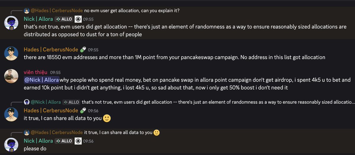 hades_dev99's tweet photo. The bad airdrop in the crypto. Only 167 unique addresses are eligible. Even though I'm the one in 167, I still think it isn't nice. I hope it is a mistake from the dev team. Let's see on Monday

The program points data and allocation from @AlloraNetwork API
API Source: https://t.co/VQvPISookY

EVM leaderboard: https://t.co/uEE59wxfFL  

worker leaderboard: https://t.co/Vw0JS4I462  

allocation data: https://t.co/7TWnpmLU6s