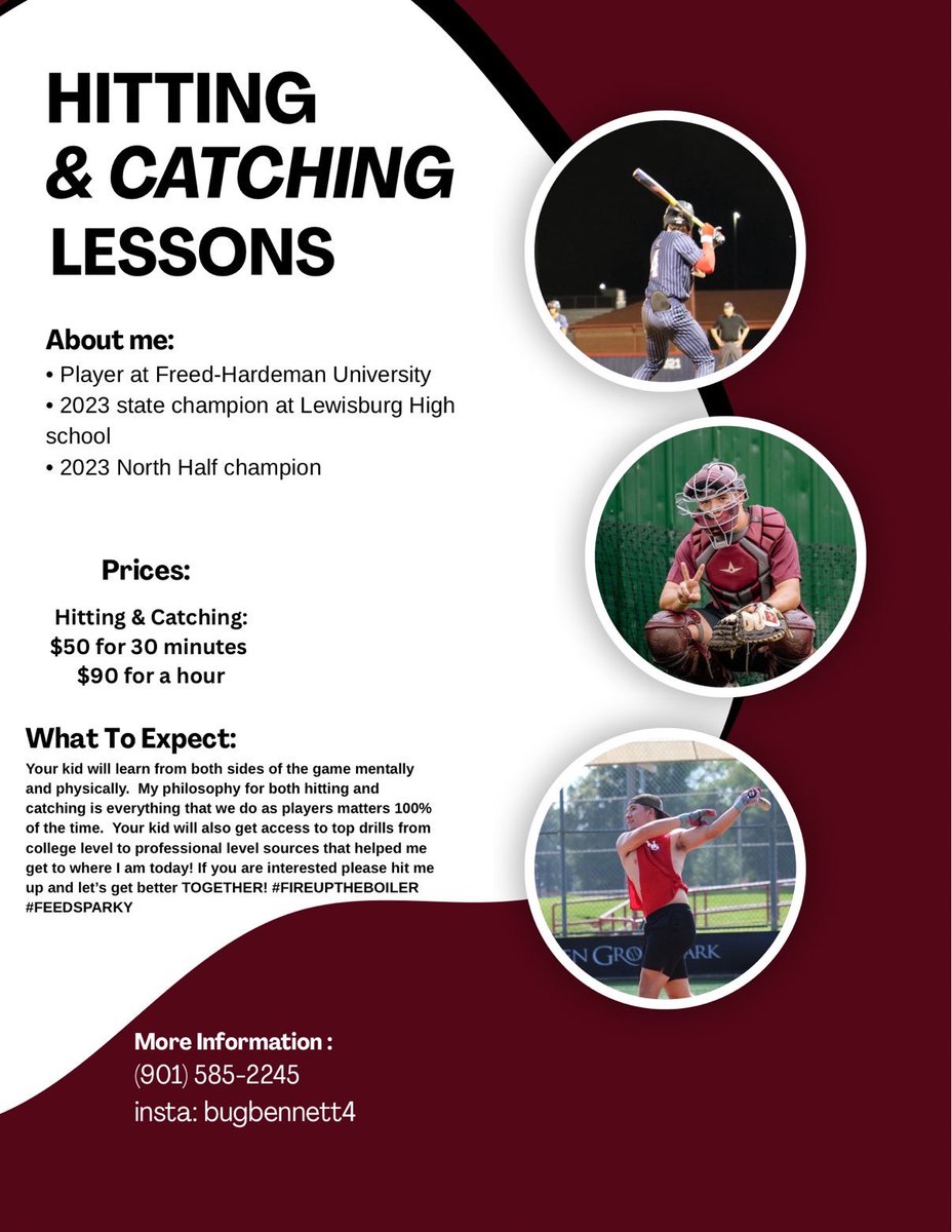 Announcement❗️
Over winter break and During the summer, I will be offering hitting and catching lessons from 8U to 16U.  Please read the flyer below and use my number on the flyer if you have any questions!