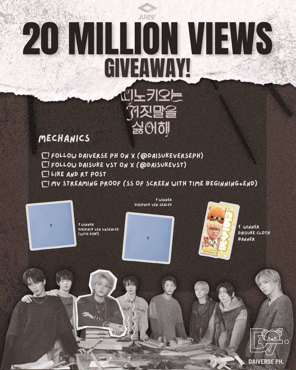 DaisukeversePH's tweet image. Another accomplishment for us, FOHAs, and AHOF! The music video has reached 20M views! 

In celebration of this incredible feat, we are hosting a giveaway. Get a chance to win one of these prizes:

Prizes: 
- 1 sealed digipack album
- 1 unsealed digipack album with Daisuke POB
-…