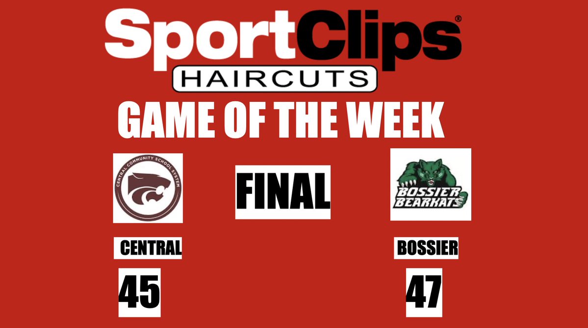 ✂️ Sport Clips Haircuts Game of the Week

FINAL

CENTRAL 45
- Conrad 28pts 
- Thomas 10pts 

BOSSIER 47
- Thomas 20pts 
- Williams 10pts