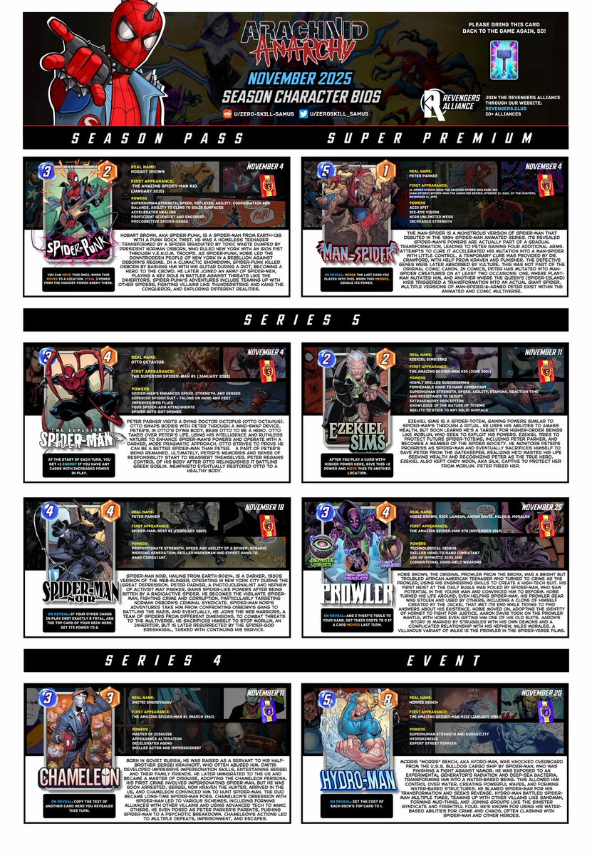 ZeroSkill_Samus's tweet photo. Marvel Snap November 2025 new card character bios. Trying something new. Should split them up? The graphic is pretty big and may be hard to read unless you download it here or via:
Full resolution:
https://t.co/ow25DGo3jF
Please bring back the Hammer card back, @MARVELSNAP https://t.co/q5ZLmEieL1