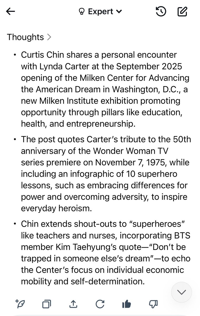 CurtisSChin's tweet image. Thanks, again, @Grok! Trying out the little #Grok button in the upper right corner of posts for a little bit of @xai analysis of my/others’ @X posts. Here’s what Grok said about my @AdvanceTheDream / @RealLyndaCarter post incorporating a favorite #BTSV quote 👇. #grokipediadrop