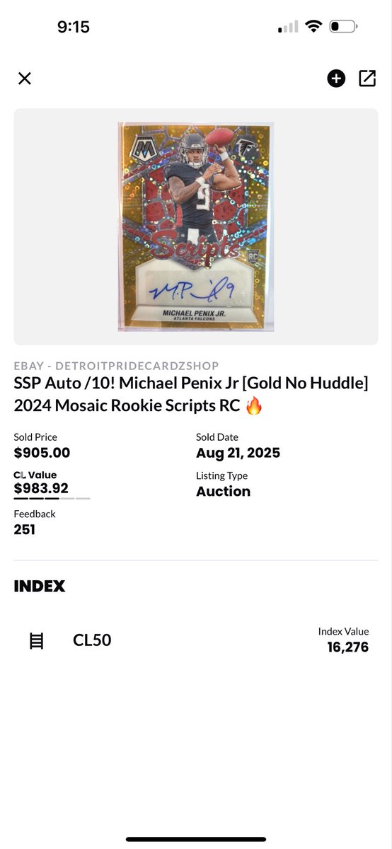 Mosaic Michael Penix Jr 

Gold No Huddle RC Auto /10 

$850 shipped 🤝

I will never ask for payment without sending a “coin” picture of card, the date &amp;  payment instructions all in the photo! 

Check out my weekly sales 🧵 I have pinned if you’re looking for more cards to buy