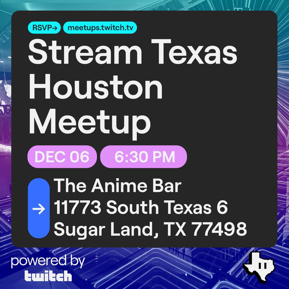 We’re back for one more meetup before the year ends! 🎉 Our next Stream Houston meetup lands at The Anime Bar on December 6th at 6:30 PM. Come hang out and catch up with friends, both new &amp; familiar. We can’t wait to see everyone again!

RSVP here: meetups.twitch.tv/events/details…