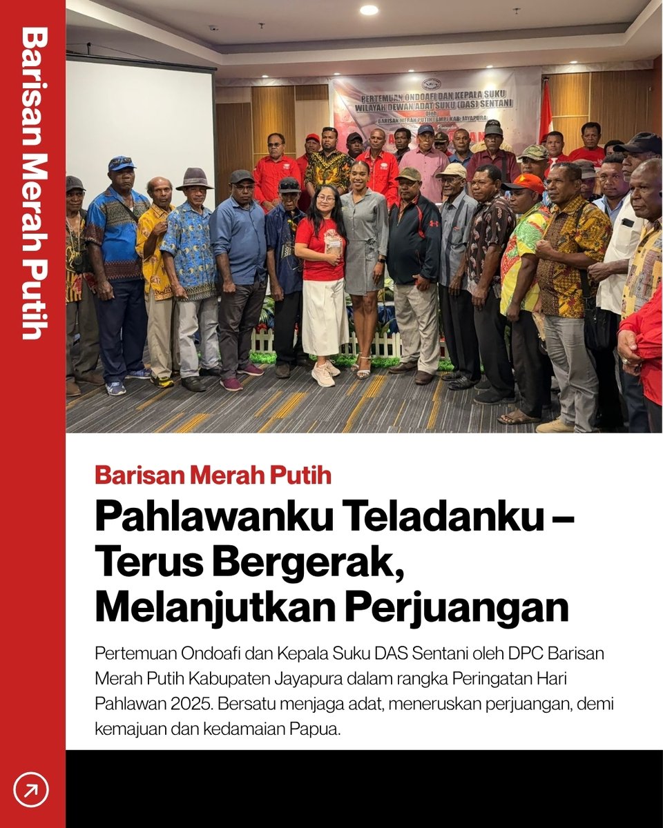 ToedjoeanSatu's tweet photo. Semangat Hari Pahlawan menyala di Tanah Sentani! 🌺
Pertemuan Ondoafi dan Kepala Suku DAS Sentani menjadi wujud nyata sinergi adat dan semangat kebangsaan untuk menjaga persatuan dan kemajuan Papua. 🇮🇩
#BarisanMerahPutih #HariPahlawan #PapuaBersatu #Sentani #BMPJayapura https://t.co/R8o27XFBJk