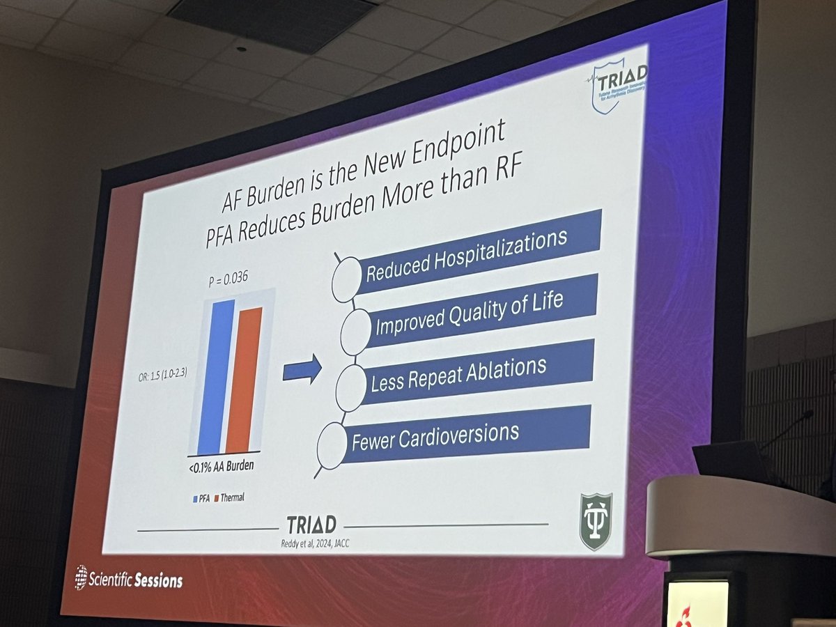 Nishaki1's tweet photo. #AHA2025:  strong PFA debate in HF patients.
@nmarrouche: minimal saline, quick procedures, no strain impact, @TulaneTriad showed 31 percent drop in HF admissions 15 percent lower recurrence. Min AF burden reduction w actionable CV outcomes. Great work👏 https://t.co/FDUtkAr6fM