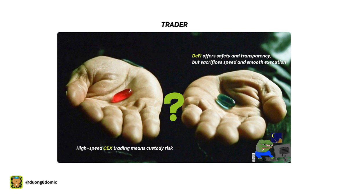🟢Trong suốt nhiều năm mình quan sát, các trader và tổ chức luôn mắc kẹt giữa hai lựa chọn:

&gt; Giao dịch trên CEX với tốc độ cao, trải nghiệm mượt, nhưng phải đánh đổi bằng rủi ro lưu ký tài sản.

&gt; Hoặc chọn DeFi, nơi minh bạch và an toàn hơn, nhưng lại