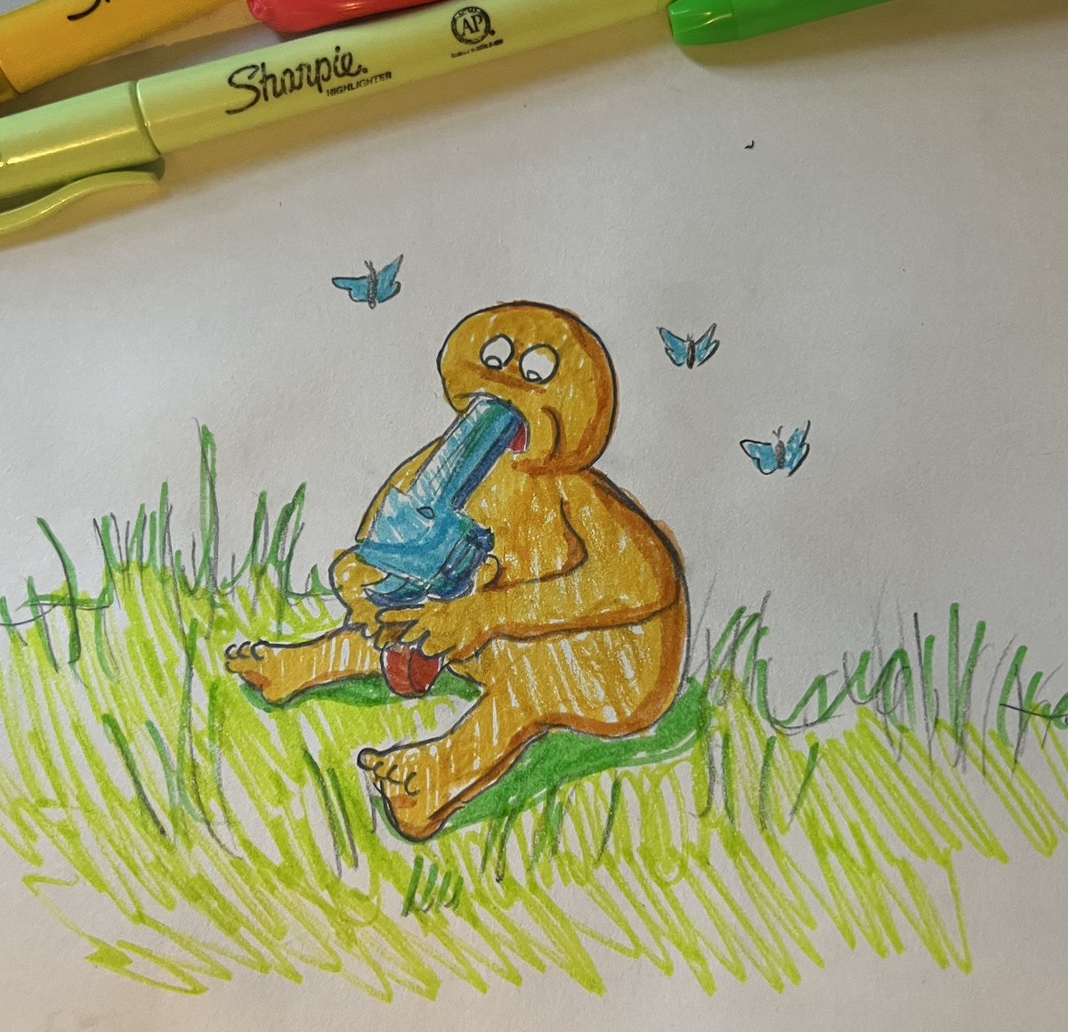 nugbugz's tweet image. Me when im genuinely naked and yellow and badly colored and shaded so i genuinely shoot myself #art #doodle #highlighter