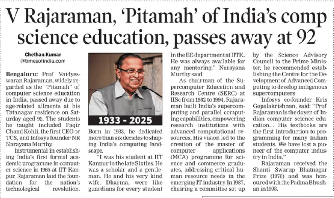 SAsokan's tweet photo. RIP Prof V Rajaraman. Your lucid style of writing kindled my interest in Computer Science. Learnt Fortran IV programming through your guidance. You were a pioneer, far ahead of time. May God bless you with a permanent abode in heaven. https://t.co/5qqJ4midKK